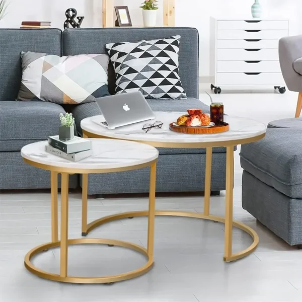 Coffee Table Nesting White Set of 2 Side Set Golden Frame Circular and Marble Pattern Wooden Tables, Living Room Bedroom - Image 5