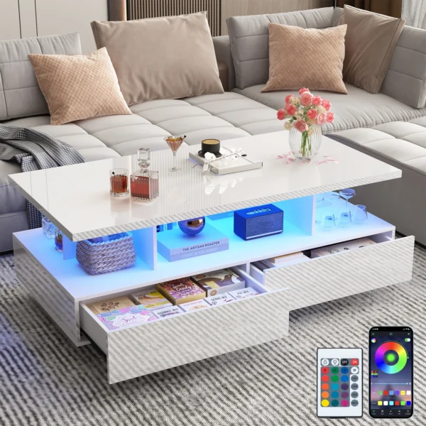 43 Inch LED Coffee Table w/2 Storage Drawers, Modern High Gloss Coffee Table w/Display Shelf, Rectangle 2-Tier Center Table - Image 2