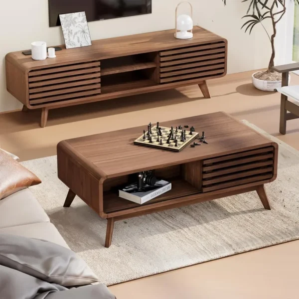Coffee Table,Mid Century Modern Table with Storage,Sliding Fence Door,Farmhouse Wooden Coffee Table for Living Room, - Image 3