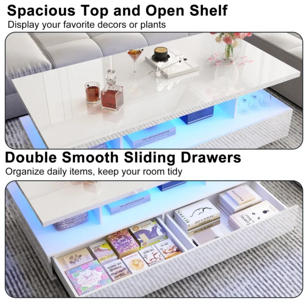 43 Inch LED Coffee Table w/2 Storage Drawers, Modern High Gloss Coffee Table w/Display Shelf, Rectangle 2-Tier Center Table - Image 5