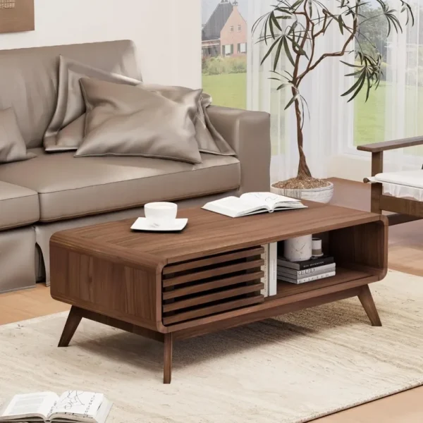 Coffee Table,Mid Century Modern Table with Storage,Sliding Fence Door,Farmhouse Wooden Coffee Table for Living Room, - Image 2
