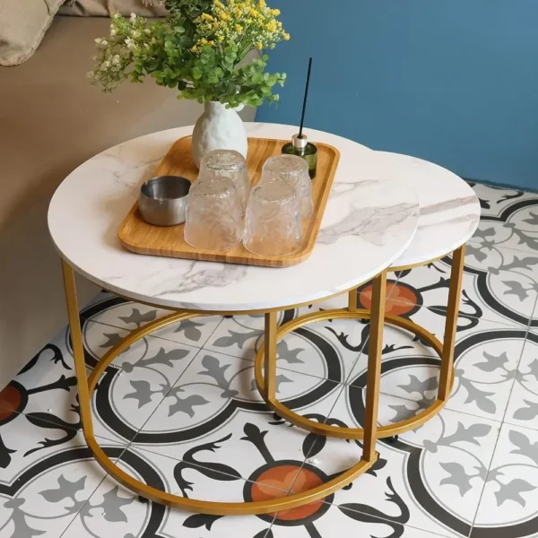 Coffee Table Nesting White Set of 2 Side Set Golden Frame Circular and Marble Pattern Wooden Tables, Living Room Bedroom - Image 2