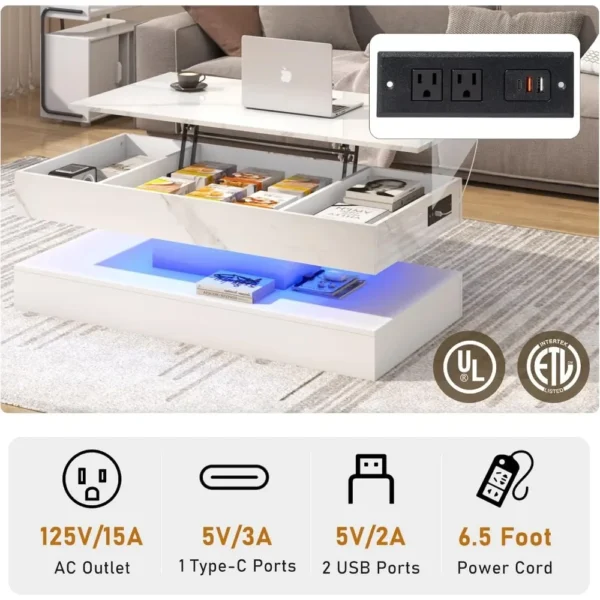 47.2" Large Lift Top Coffee Table with Charging Station, Hidden Compartment Storage, Marbling Print, LED High Glossy Tables - Image 3