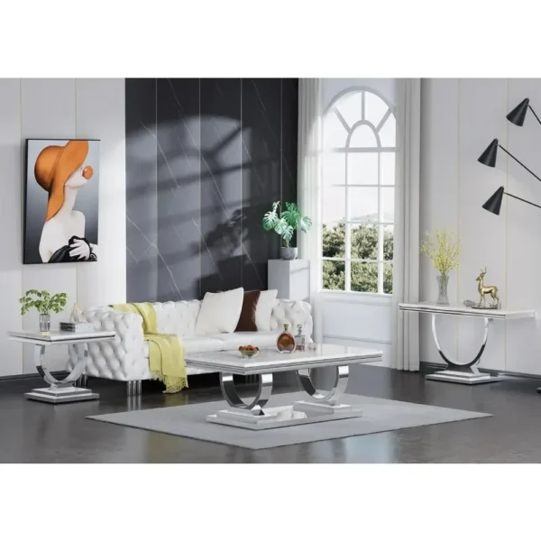 47" Rectangular Coffee Table, Modern White Faux Marble Cocktail Table, with Silver Mirrored Finish U-Shape Stainless Steel Base - Image 6