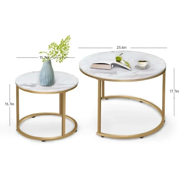 Coffee Table Nesting White Set of 2 Side Set Golden Frame Circular and Marble Pattern Wooden Tables, Living Room Bedroom - Image 3