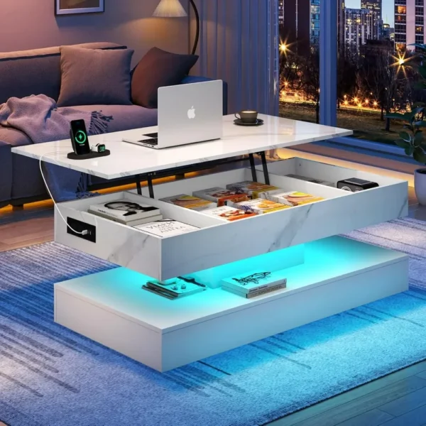 47.2" Large Lift Top Coffee Table with Charging Station, Hidden Compartment Storage, Marbling Print, LED High Glossy Tables - Image 6