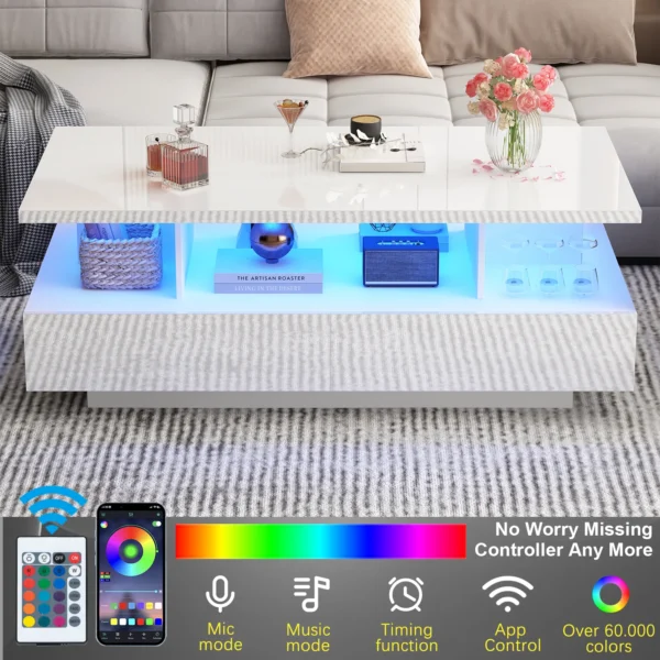 43 Inch LED Coffee Table w/2 Storage Drawers, Modern High Gloss Coffee Table w/Display Shelf, Rectangle 2-Tier Center Table - Image 3