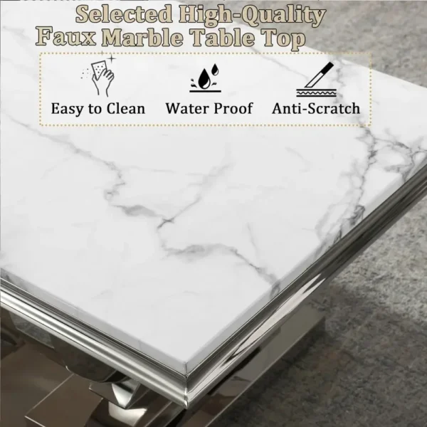 47" Rectangular Coffee Table, Modern White Faux Marble Cocktail Table, with Silver Mirrored Finish U-Shape Stainless Steel Base - Image 5
