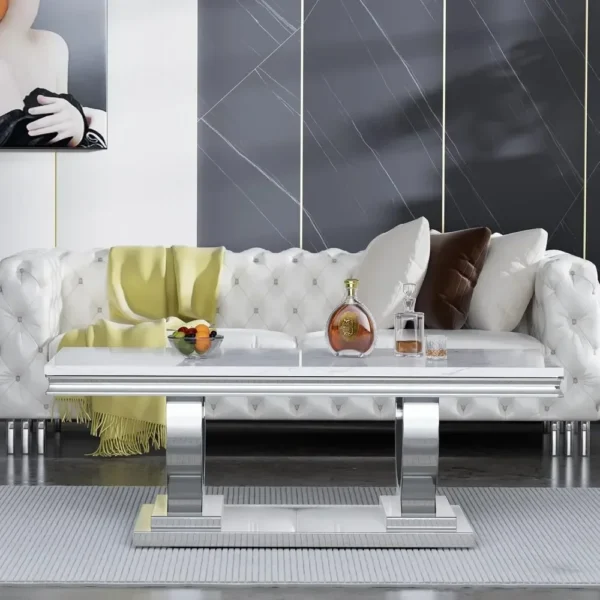 47" Rectangular Coffee Table, Modern White Faux Marble Cocktail Table, with Silver Mirrored Finish U-Shape Stainless Steel Base - Image 3