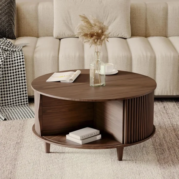 Round Coffee Table with Storage Mid Century Modern Dining Table with Sliding Cabinet Door for Living Room Home Center Table - Image 4