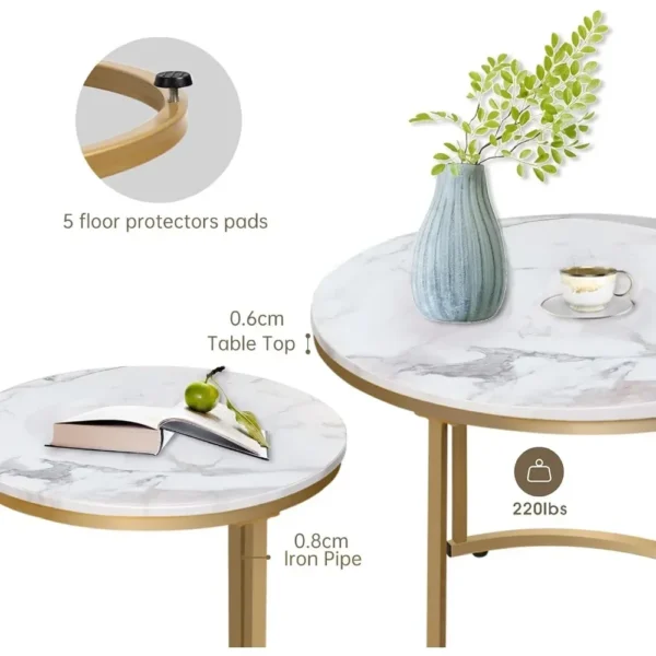 Coffee Table Nesting White Set of 2 Side Set Golden Frame Circular and Marble Pattern Wooden Tables, Living Room Bedroom - Image 6