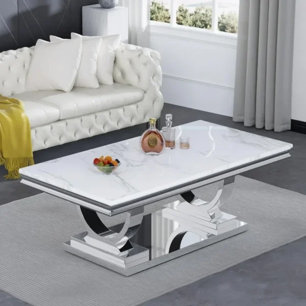 47" Rectangular Coffee Table, Modern White Faux Marble Cocktail Table, with Silver Mirrored Finish U-Shape Stainless Steel Base - Image 2