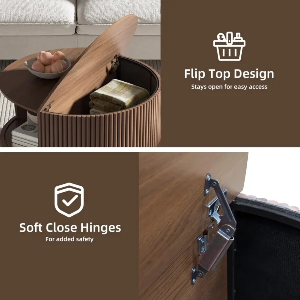 Round Coffee Table with Storage Mid Century Modern Dining Table with Sliding Cabinet Door for Living Room Home Center Table - Image 3