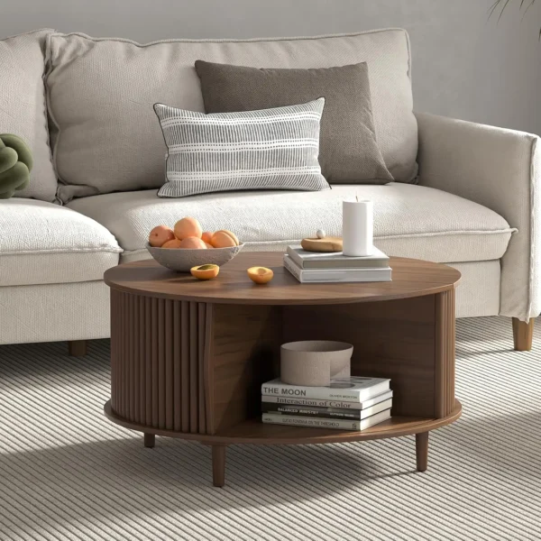 Round Coffee Table with Storage Mid Century Modern Dining Table with Sliding Cabinet Door for Living Room Home Center Table - Image 5
