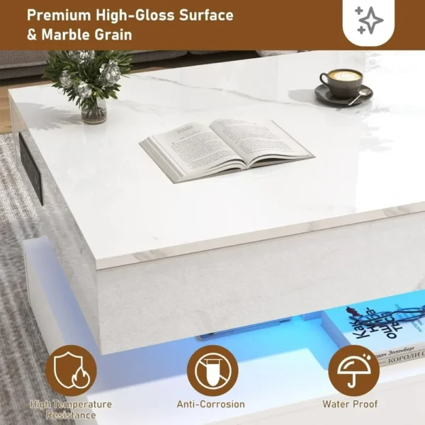 47.2" Large Lift Top Coffee Table with Charging Station, Hidden Compartment Storage, Marbling Print, LED High Glossy Tables - Image 2