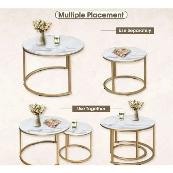 Coffee Table Nesting White Set of 2 Side Set Golden Frame Circular and Marble Pattern Wooden Tables, Living Room Bedroom - Image 4