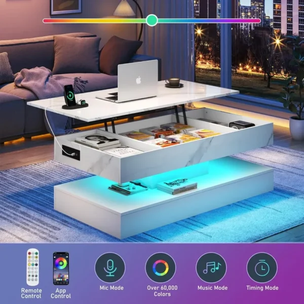 47.2" Large Lift Top Coffee Table with Charging Station, Hidden Compartment Storage, Marbling Print, LED High Glossy Tables - Image 4