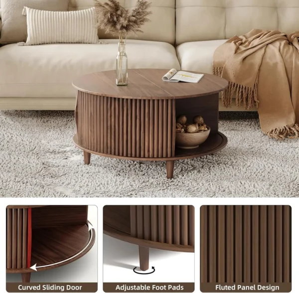 Round Coffee Table with Storage Mid Century Modern Dining Table with Sliding Cabinet Door for Living Room Home Center Table - Image 2
