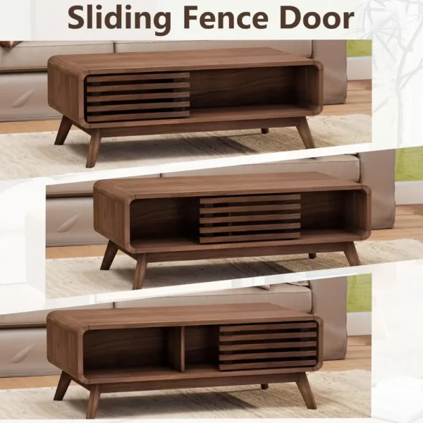 Coffee Table,Mid Century Modern Table with Storage,Sliding Fence Door,Farmhouse Wooden Coffee Table for Living Room, - Image 4