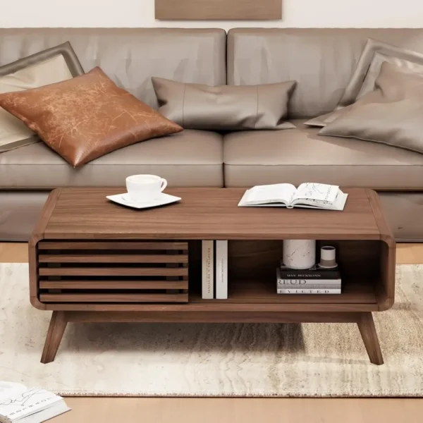 Coffee Table,Mid Century Modern Table with Storage,Sliding Fence Door,Farmhouse Wooden Coffee Table for Living Room,