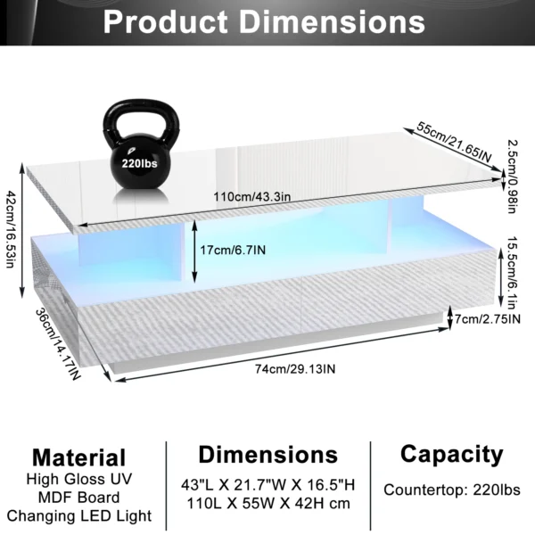 43 Inch LED Coffee Table w/2 Storage Drawers, Modern High Gloss Coffee Table w/Display Shelf, Rectangle 2-Tier Center Table - Image 6