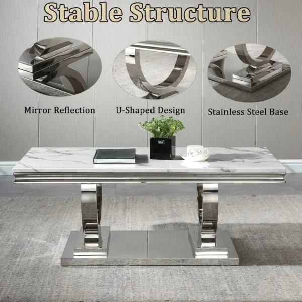 47" Rectangular Coffee Table, Modern White Faux Marble Cocktail Table, with Silver Mirrored Finish U-Shape Stainless Steel Base - Image 4