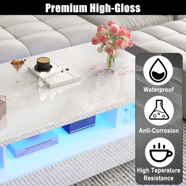 43 Inch LED Coffee Table w/2 Storage Drawers, Modern High Gloss Coffee Table w/Display Shelf, Rectangle 2-Tier Center Table - Image 4