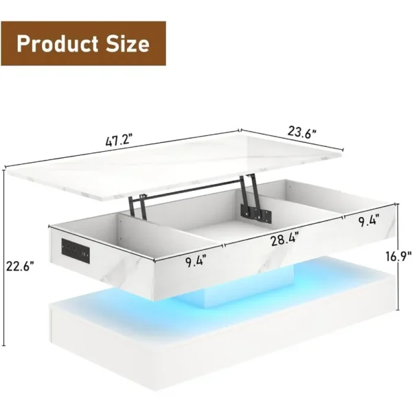 47.2" Large Lift Top Coffee Table with Charging Station, Hidden Compartment Storage, Marbling Print, LED High Glossy Tables - Image 5
